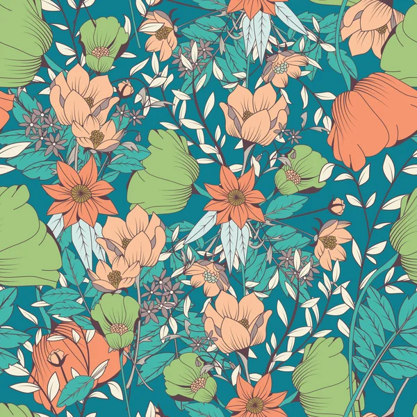 Diseño de patrón sin costuras con flores dibujadas a mano y elementos florales — Archivo Imágenes Vectoriales