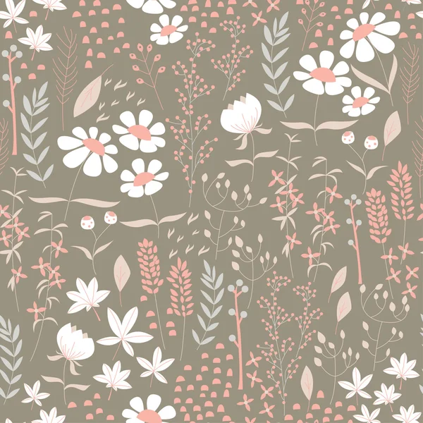 Seamless pattern design with hand drawn flowers and floral elements — Stock Vector