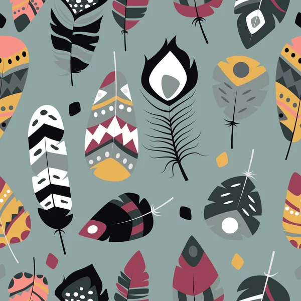 Naadloze patroon met Boheemse vintage tribal etnische kleurrijke levendige veren — Stockvector