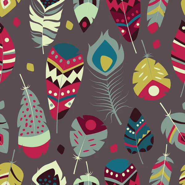 Seamless mönster med bohemiska vintage tribal etniska färgglada pulserande fjädrar — Stock vektor