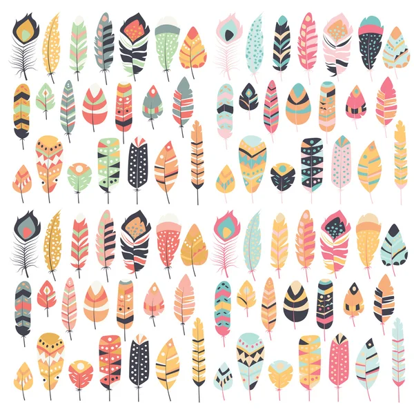 Collection of boho vintage tribal ethnic hand drawn colorful feathers — Stock Vector