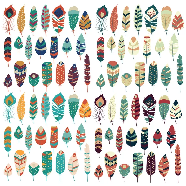 Collection of boho vintage tribal ethnic hand drawn colorful feathers — Stock Vector