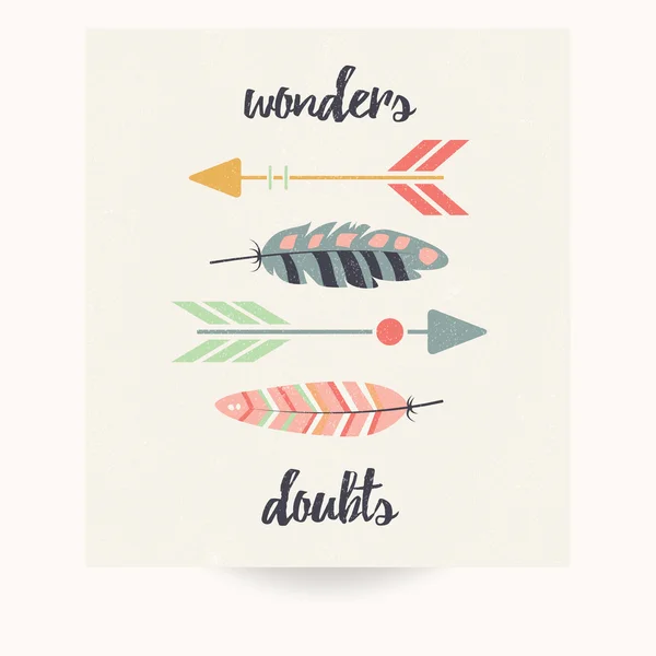 Design de cartão postal com citação inspiradora e penas coloridas boêmias — Vetor de Stock