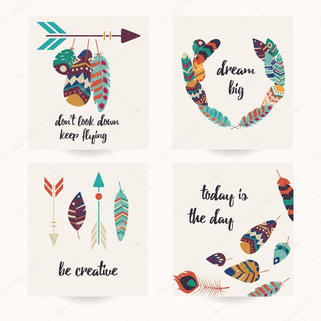 Postcard design with inspirational quote and bohemian colorful feathers