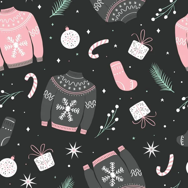 Modèle Sans Couture Noël Avec Pull Laid Vêtements Hiver Laine — Image vectorielle
