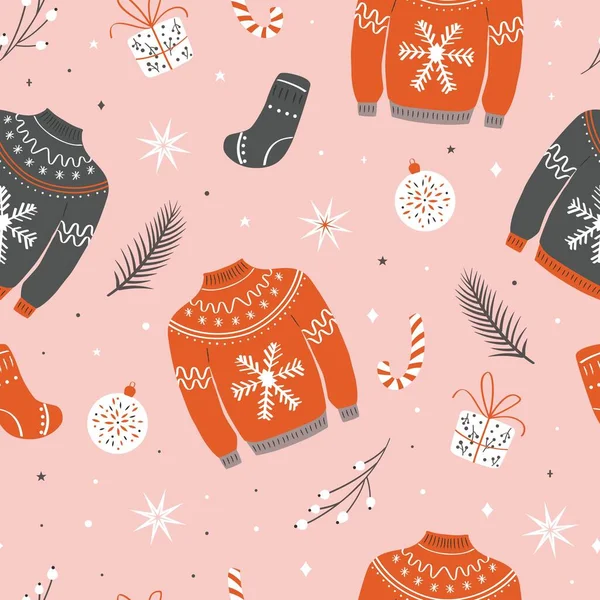 Patrón Sin Costuras Navidad Con Suéter Feo Ropa Invierno Lana — Vector de stock