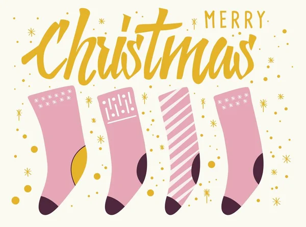 Buon Natale Testo Lettering Card Design Con Calze Decorazione Illustrazione — Vettoriale Stock