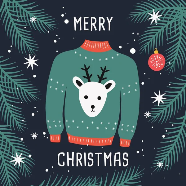 Buon Natale Brutta Carta Maglione Con Renne Rami Vestiti Invernali — Vettoriale Stock