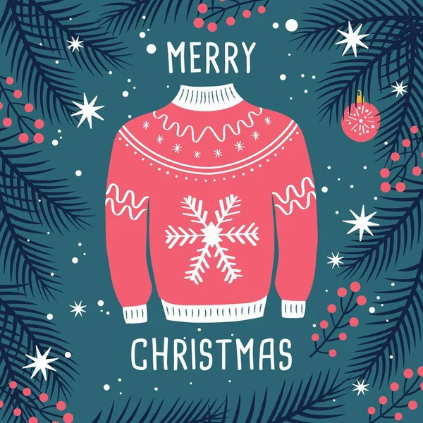 有驯鹿和树枝的圣诞快乐丑毛衣卡 羊毛衫和传统节庆元素及装饰 平面矢量彩色插图 — 图库矢量图片