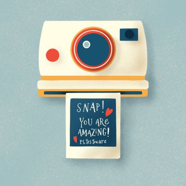 İçinde fotoğraf ve aşk mesajı olan bir fotoğraf makinesi. Mutlu Sevgililer Günleri için el yazısıyla çizilmiş renkli el yazısı. Tebrik kartı.