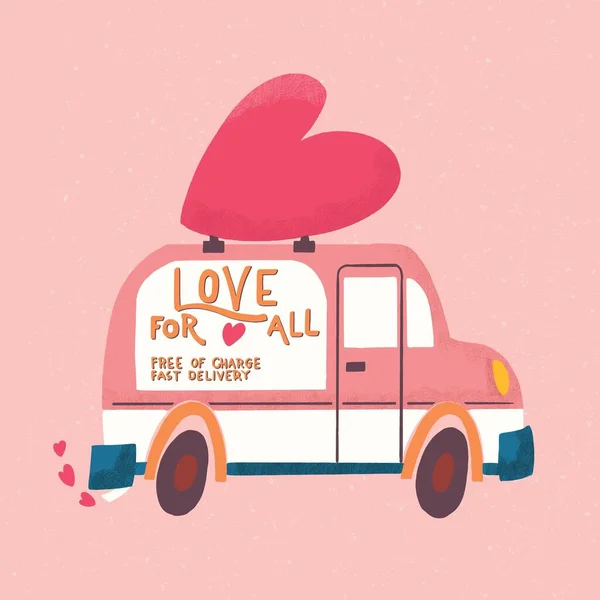 Pojazd Ciężarówka Miłości Serca Miłości Wiadomość Kolorowe Ręcznie Rysowane Ilustracje — Zdjęcie stockowe