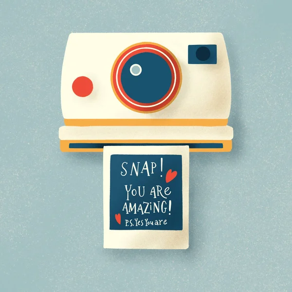 Instant camera with a photo and love message. Colorful hand drawn illustration with hand lettering for Happy Valentines day. Greeting card.