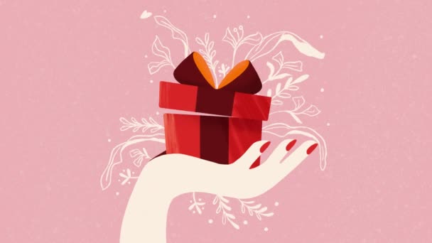 Tangan Memegang Kotak Hadiah Dengan Hati Keluar Dan Dekorasi Ilustrasi — Stok Video