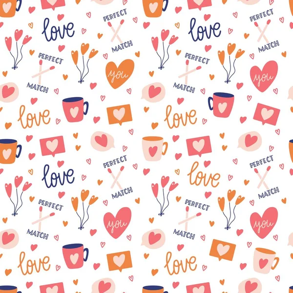 Seamless Pattern Big Collection Love Objects Symbols Happy Valentine Day — Stock Vector