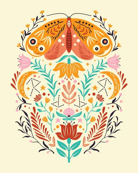 Spring Motifs Folk Art Style Colorful Flat Vector Illustration Moth — Stock Vector