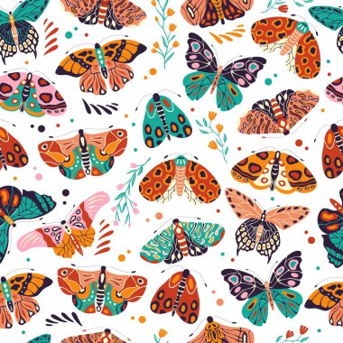 Seamless pattern with colorful hand drawn butterflies and moths on white background. Stylized flying insects with flowers and decorative elements, vector illustration. 