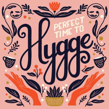 Hygge konsepti. Renkli el yazısı ve çizim tasarımı. İskandinav halk güdüleri. Evdeki rahat atmosfer. Düz vektör illüstrasyonu. 