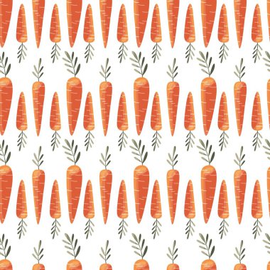 Renkli havuçlarla kusursuz desen. El çizimi vektör çizimi tasarımı. Doğal organik gıda. Duvar kağıdı ve kumaş tasarımı. 