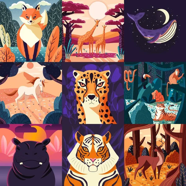 Coleção Nove Ilustrações Desenhadas Mão Animais Natureza Lindas Paisagens Vida —  Vetores de Stock