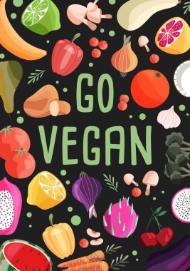 Taze organik meyve ve sebze ile vegan dikey poster şablonu yapın. Açık yeşil arkaplanda renkli el çizimi. Vejetaryen ve vejetaryen yemekleri. 
