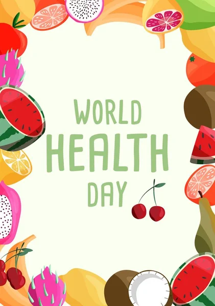 Världshälsodagen Vertikal Affisch Mall Med Samling Färsk Ekologisk Frukt Färgglada — Stock vektor