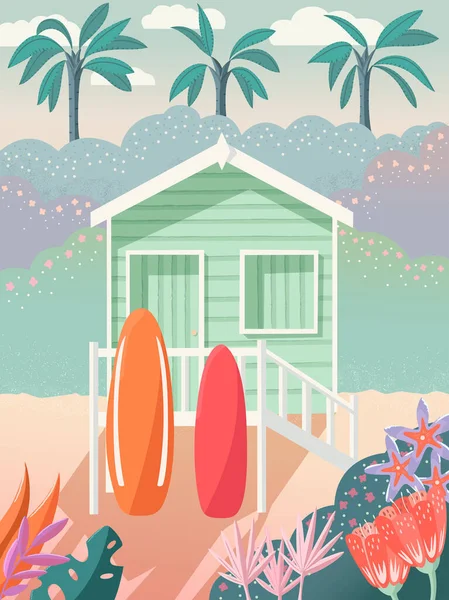 Bungalow Strand Mit Sufrboards Auf Dem Deck Palmen Hintergrund Und — Stockvektor