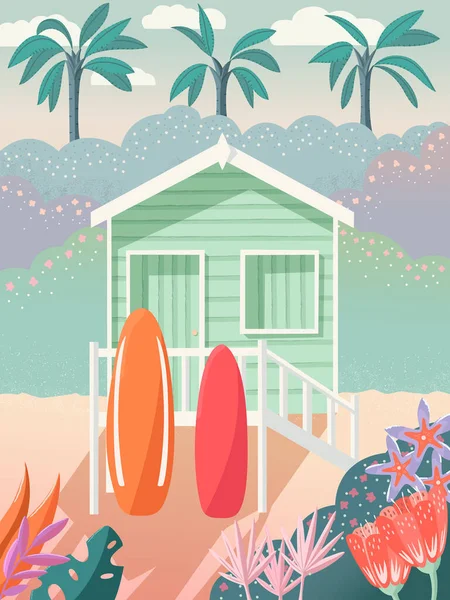 Bungalow Plaży Deskami Surfingowymi Pokładzie Palmy Tle Dekoracje Kwiatowe Letni — Wektor stockowy