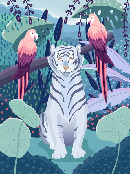 Tigre Azul Con Loros Colores Una Selva Hermosa Escena Vida — Vector de stock