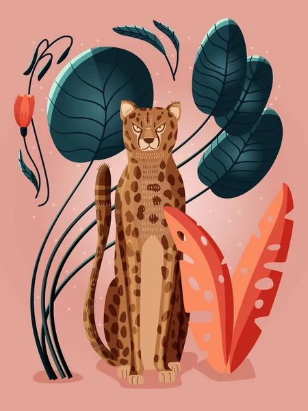 Portrait Cheetah Pink Background Surrounded Colorful Plants Palm Leaves Flowers — Archivo Imágenes Vectoriales