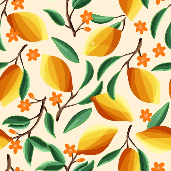 Lemons Tree Branches Seamless Pattern Tropical Summer Fruit Beige Background — Stock Vector