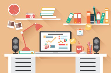 ev ofis büro - düz tasarım, uzun gölge, çalışma masası, bilgisayar ve Kırtasiye