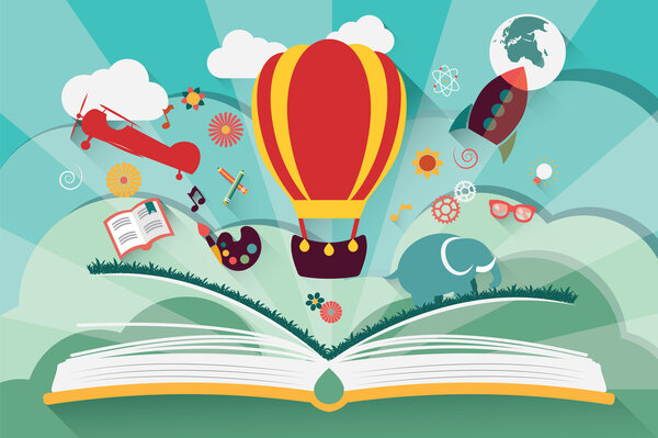 Imagination concept - open book with air balloon, rocket and airplane flying out