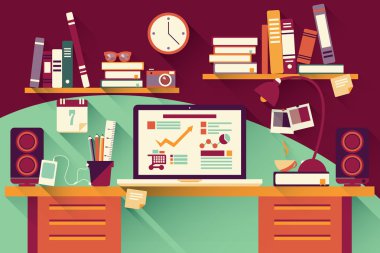 ev ofis büro - düz tasarım, uzun gölge, çalışma masası, bilgisayar ve Kırtasiye