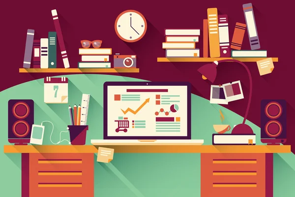 ev ofis büro - düz tasarım, uzun gölge, çalışma masası, bilgisayar ve Kırtasiye