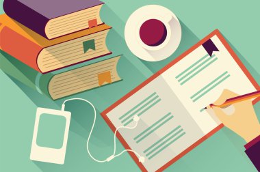 Defter arka plan ile kitap ve kahve, vektör yığını içine yazma