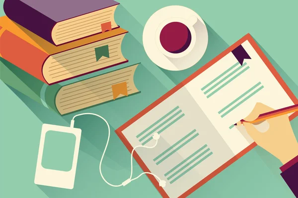 Defter arka plan ile kitap ve kahve, vektör yığını içine yazma