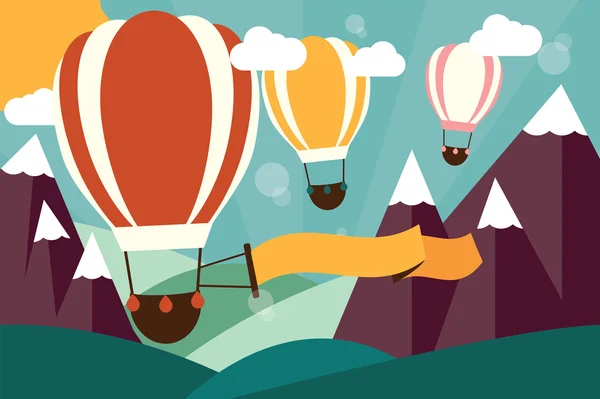 Sıcak hava balonları afiş ile Dağları üzerinde uçan — Stok Vektör