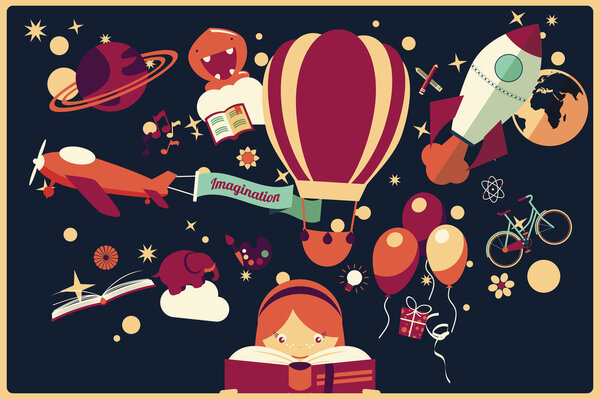 Imagination concept - girl reading a book with air balloon, rocket and airplane flying out, night sky, vector illustration
