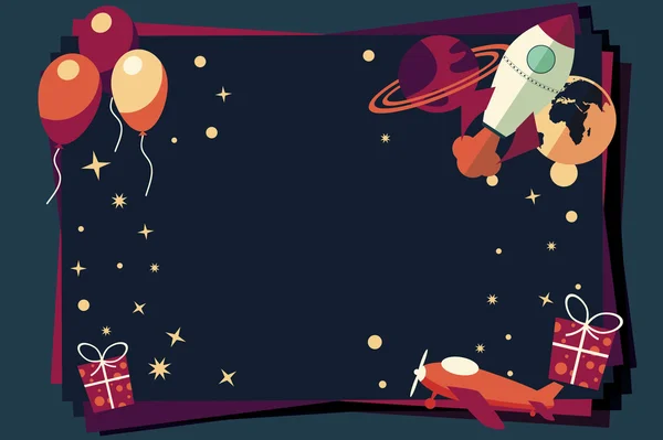 Pozadí s balónky, dárky, raketovou loď a planety — Stockový vektor