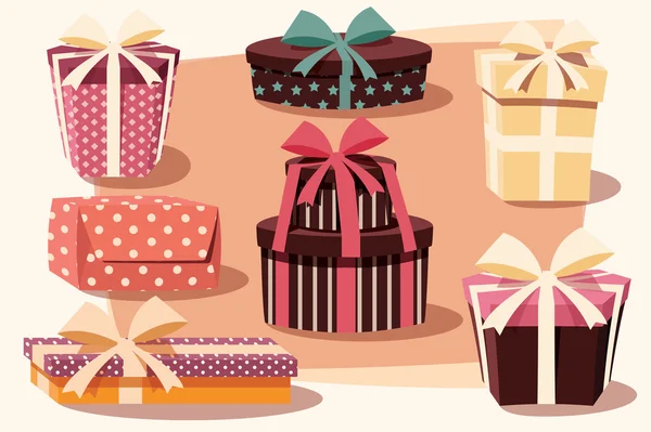 Kollektion bunter Geschenkboxen mit Schleifen und Bändern — Stockvektor