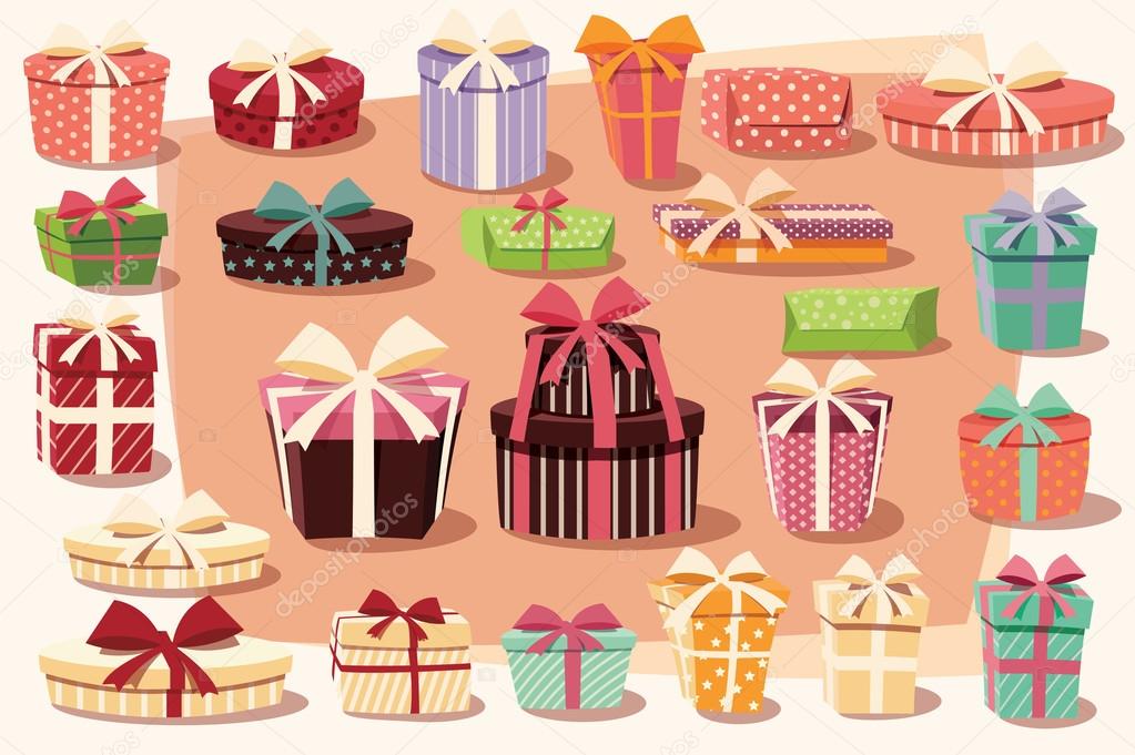 Collection of colorful gift boxes with bows and ribbons