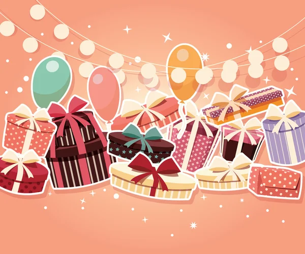 Fundo de aniversário com presentes de adesivo e balões — Vetor de Stock