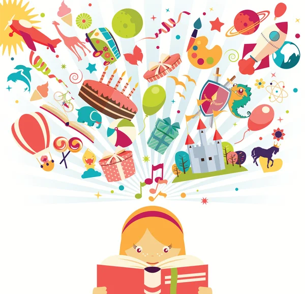 Hayal gücü kavramı - kız hava balonu, roka ve dışarı uçan uçak ile bir kitap okuma