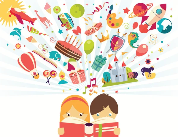 Hayal gücü kavramı, erkek ve kız uçan bir kitap nesneleri tek tek okuma 