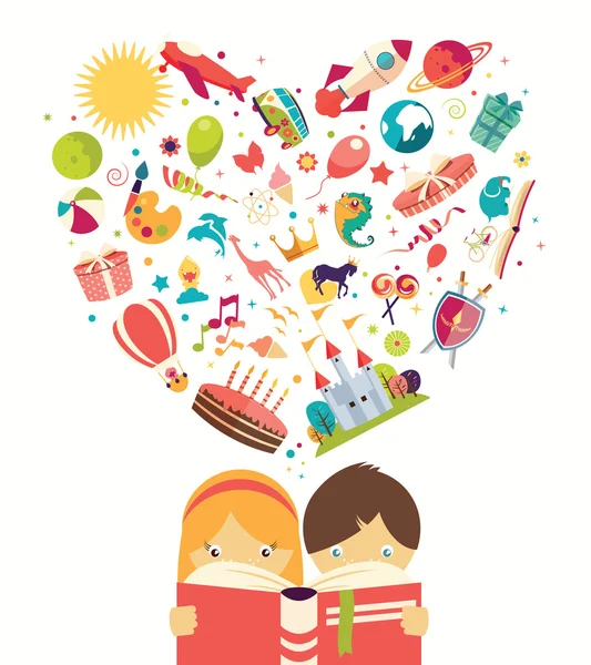 Hayal gücü kavramı, erkek ve kız vektör çizim, uçan bir kitap nesneleri tek tek okuma