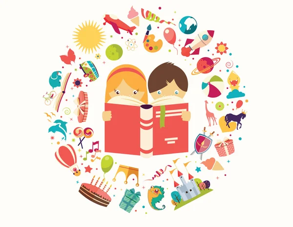 Imagination concept, boy and girl reading a book objects flying out, vector illustration — Stock Vector