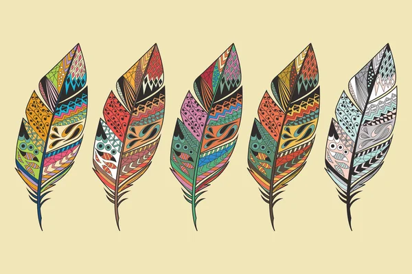 Collection of vintage tribal ethnic hand drawn colorful feathers — Stock Vector