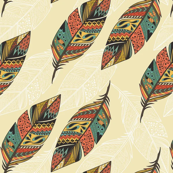 Nahtloses Muster mit ethnischen Vintage-Stämmen, bunte Federn gezeichnet — Stockvektor