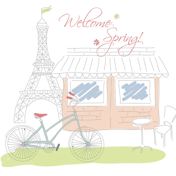 Primavera de boas-vindas em Paris cartão postal, desenhado à mão — Vetor de Stock