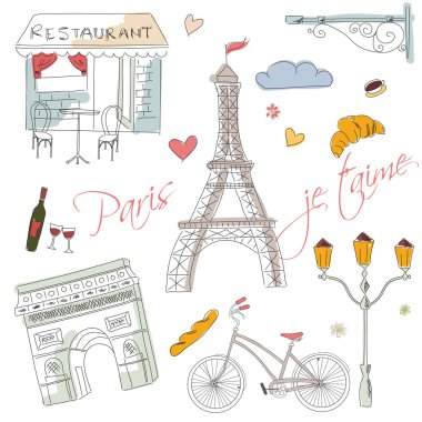 Paris sembolleri, kartpostal, elle çizilmiş